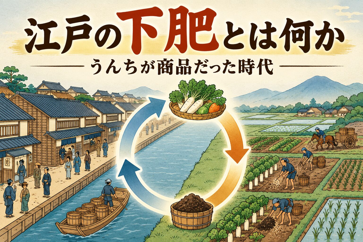 江戸の町から農村へ下肥を運び、野菜が町へ戻る循環を描いた下肥の解説アイキャッチ
