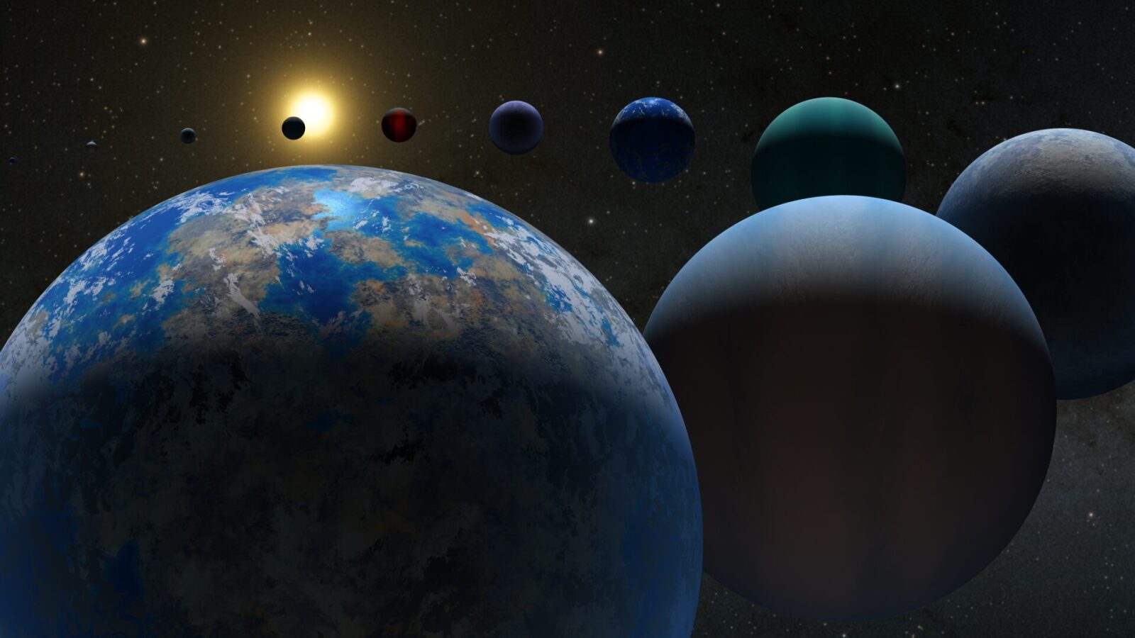 岩石惑星や巨大ガス惑星など多様な種類の系外惑星の想像図