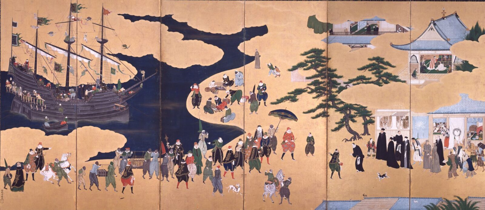 南蛮屏風に描かれたポルトガル船と宣教師たち