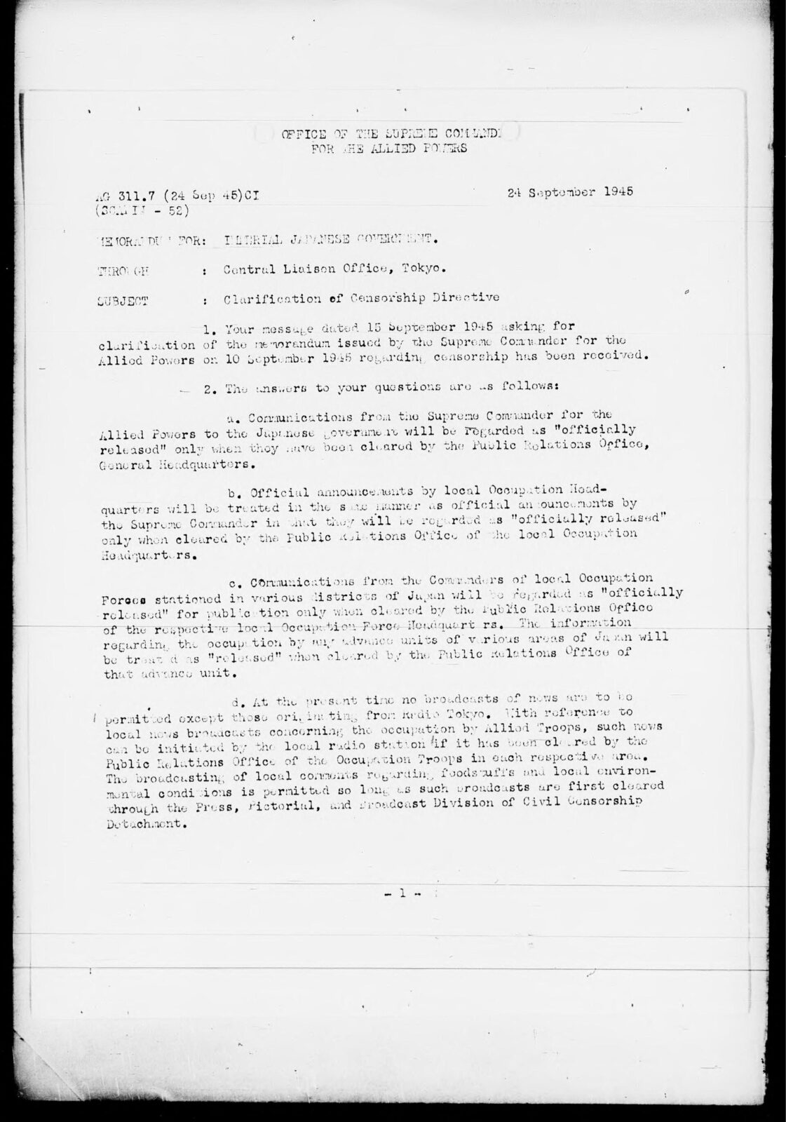1945年9月24日付のGHQ検閲指令SCAPIN-52