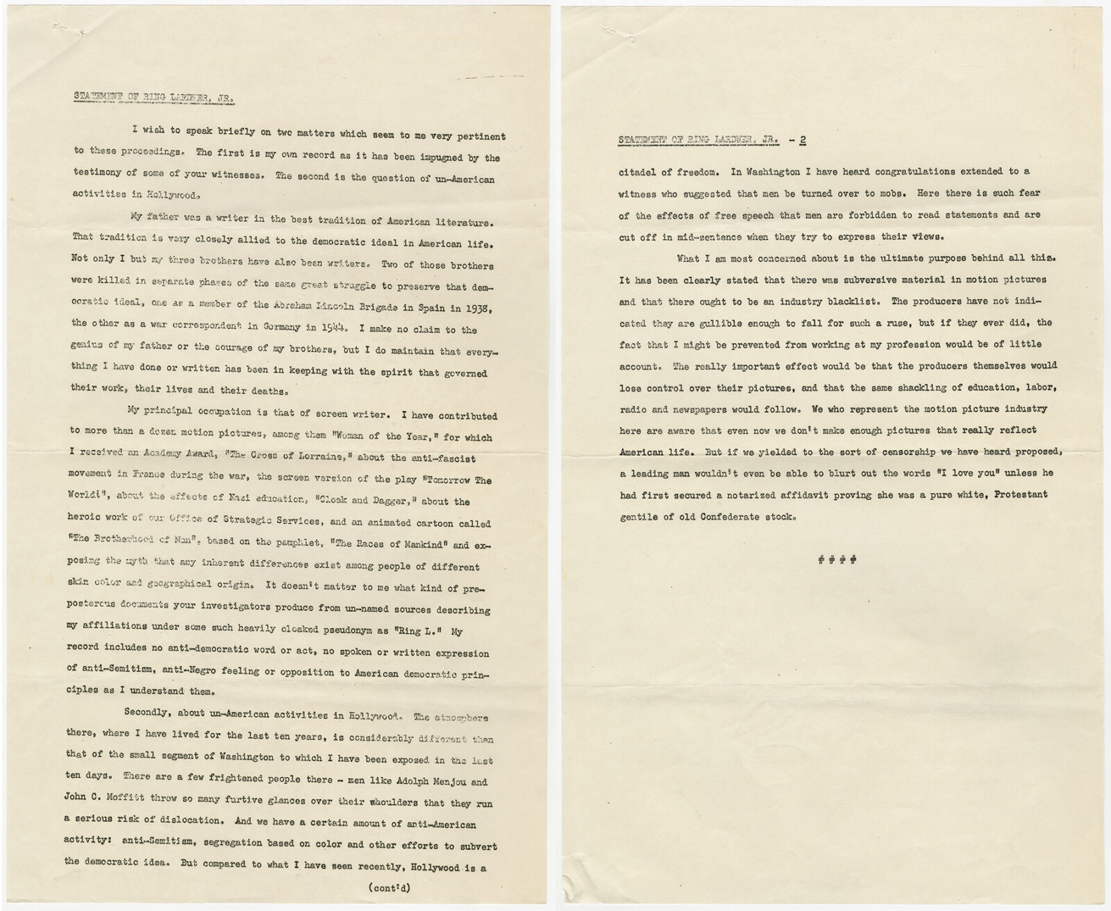 1947年、HUAC公聴会に提出された脚本家リング・ラードナー・ジュニアの声明