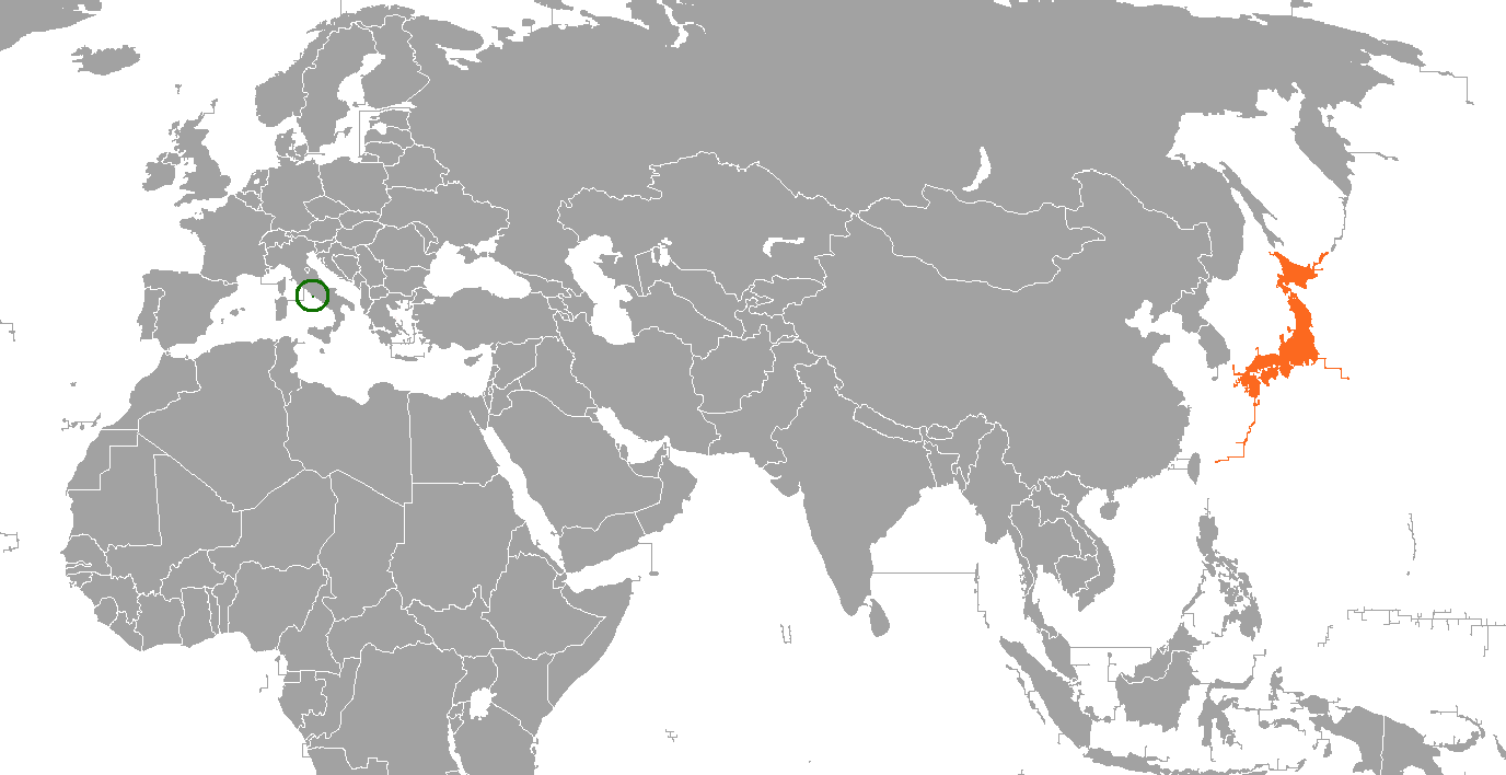 日本とローマ教皇庁の位置関係を示す世界地図