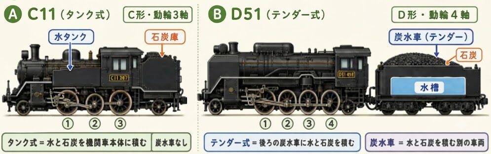 C11とD51の構造比較。C11は動輪3軸のタンク式、D51は動輪4軸のテンダー式