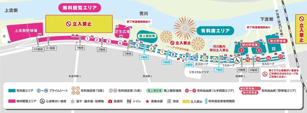 2026年いたばし花火大会の無料観覧エリアと有料観覧エリアを示す公式会場マップ