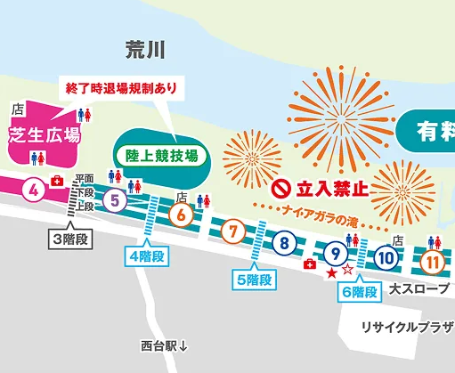 2026年いたばし花火大会の無料観覧エリアにある芝生広場と土手1～4エリアの位置