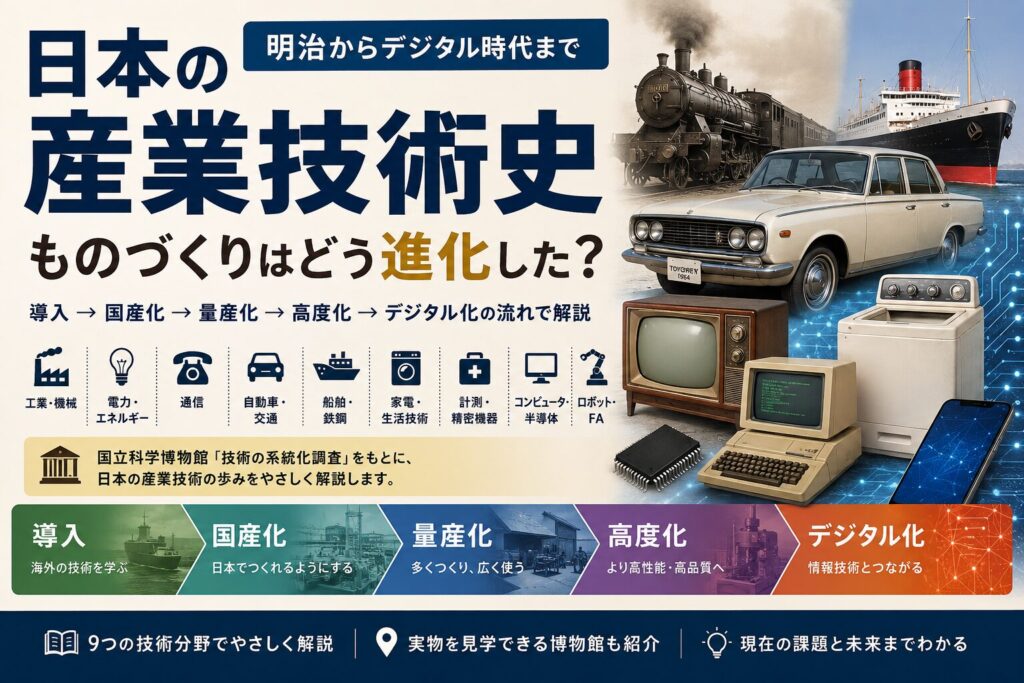 明治からデジタル時代までの日本の産業技術史を、蒸気機関車、船、自動車、家電、コンピュータ、半導体で示した図解