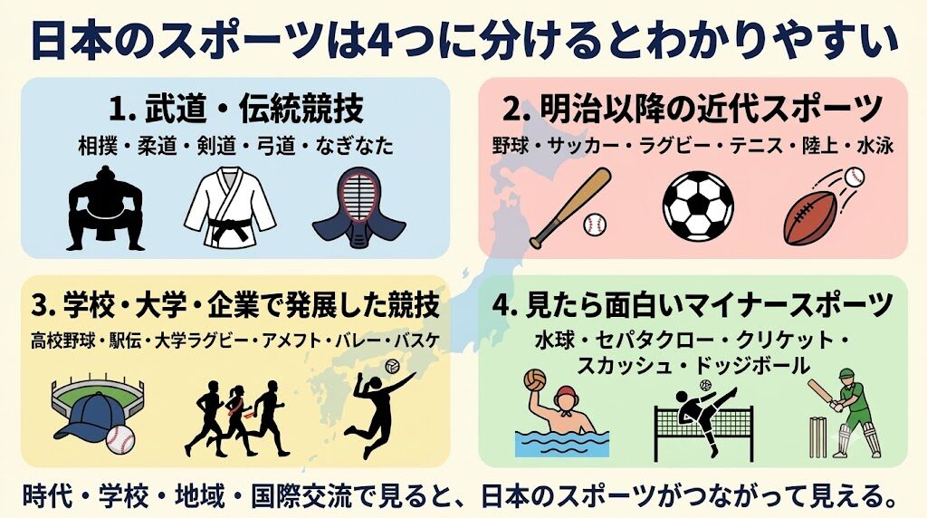 日本のスポーツを、武道・伝統競技、明治以降の近代スポーツ、学校・大学・企業で発展した競技、見たら面白いマイナースポーツの4つに分類した図解