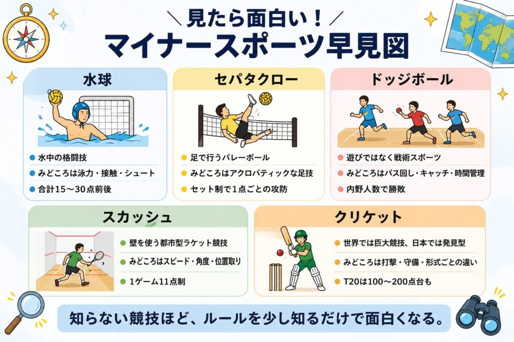 水球、セパタクロー、ドッジボール、スカッシュ、クリケットの特徴と観戦ポイント、得点感覚を初心者向けに整理したマイナースポーツ早見図