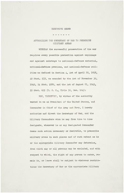 1942年2月19日に署名された大統領令9066号の原文1ページ目