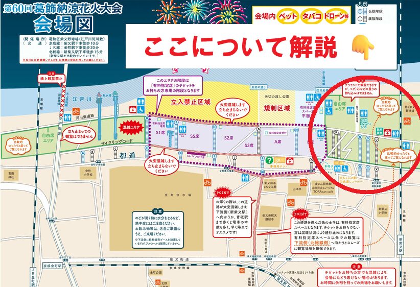 葛飾納涼花火大会の会場図と無料観覧エリアの位置