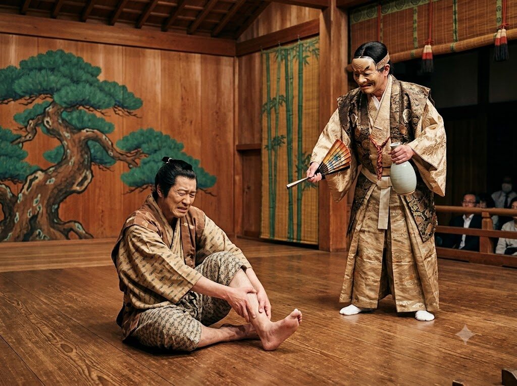 狂言「痺」で、使いに行きたくない召使いが足のしびれを訴える場面の挿絵