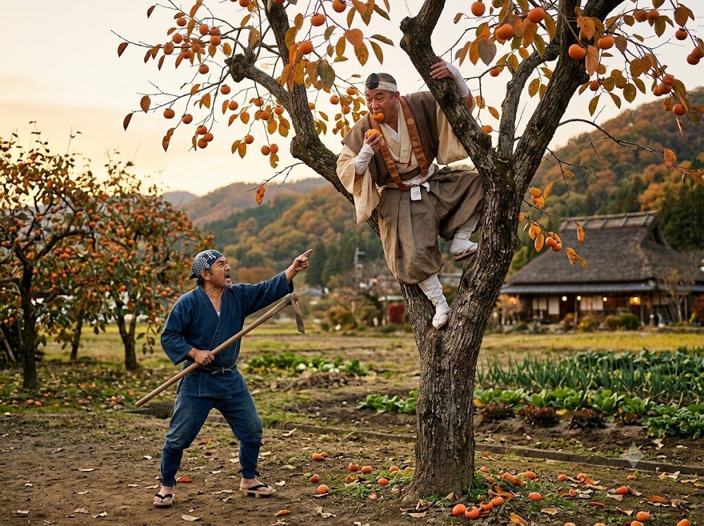 狂言「柿山伏」で、柿の木に登った山伏が畑の主に見つかる場面の挿絵
