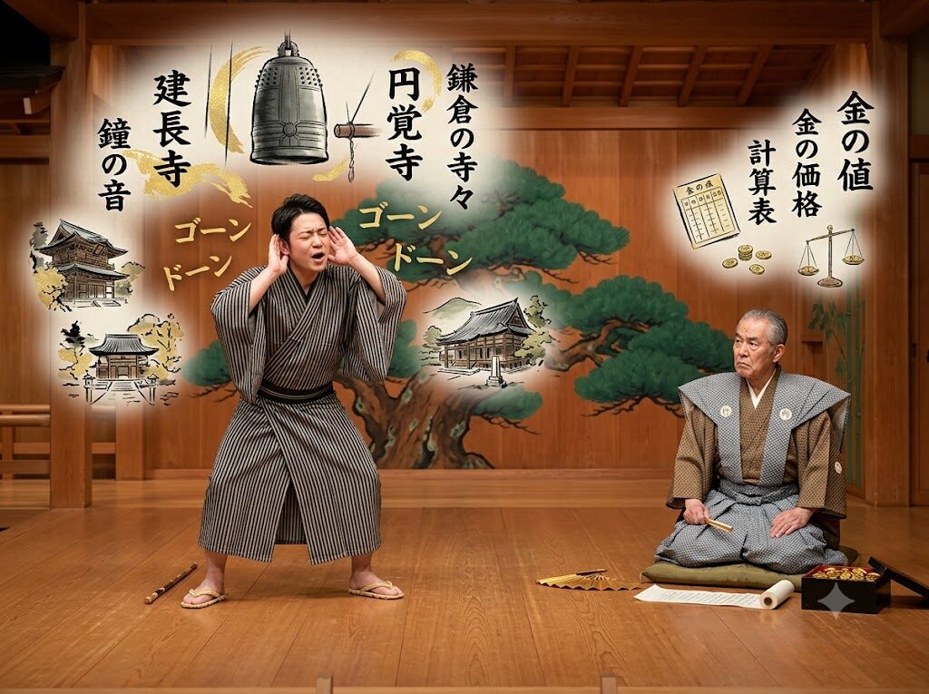 狂言「鐘の音」で、鐘の音と金の値の聞き違いを説明する場面の挿絵