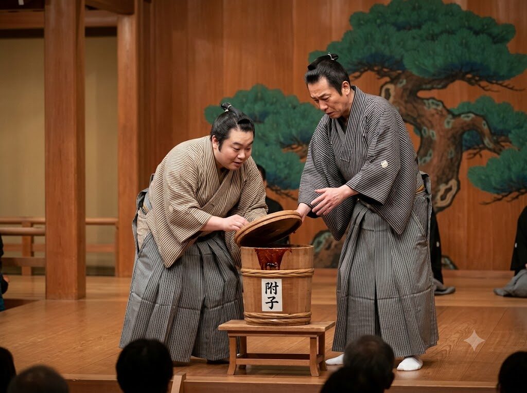 狂言「附子」で、二人の召使いが桶の中身をのぞき込む場面の挿絵