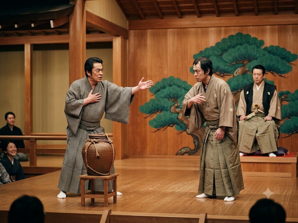 狂言「茶壺」で、茶壺の持ち主と素っ破が所有を争う場面の挿絵