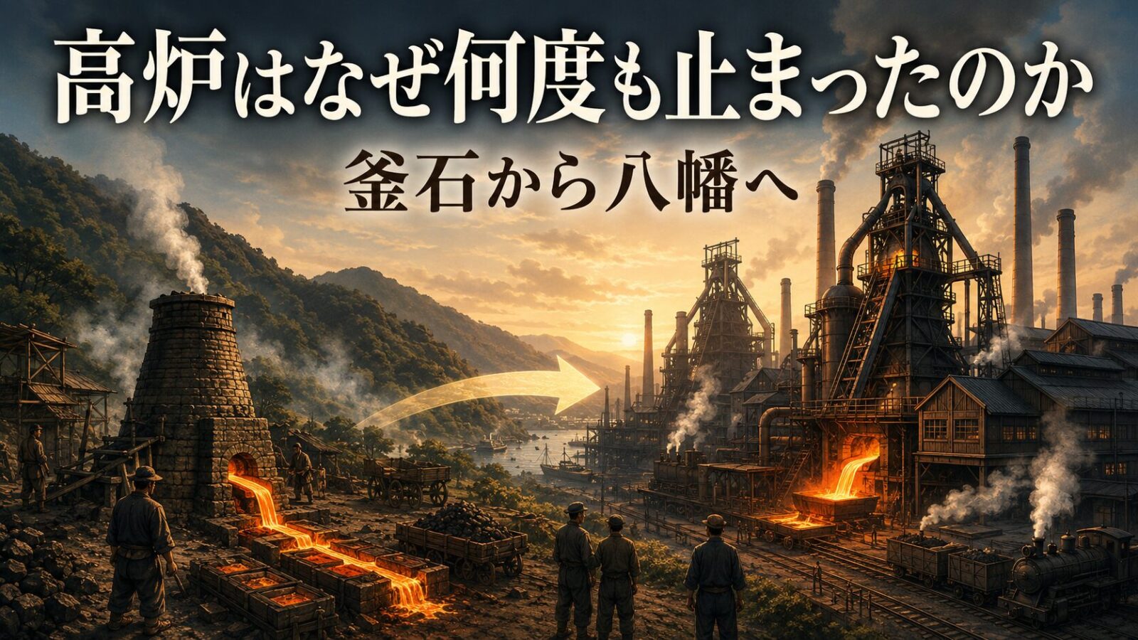 幕末の釜石の木炭高炉から明治期の八幡製鐵所へ近代製鉄技術が受け継がれる様子を描いた図