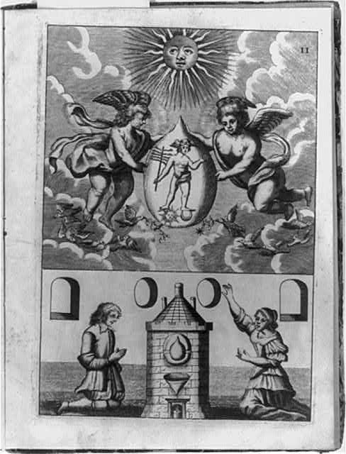 炉の前で賢者の石による金属変成を行う男女を描いた1702年の錬金術版画
