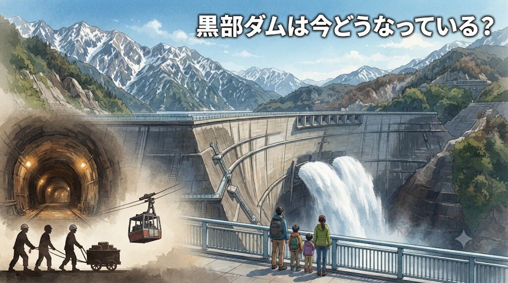 北アルプスの山々を背景に、黒部ダム、建設トンネル、資材運搬、現在の見学風景を描いたアイキャッチ画像