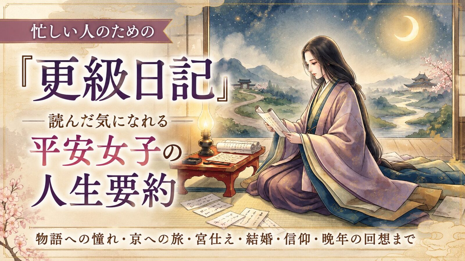 忙しい人のための『更級日記』を紹介する平安女性の人生要約イラスト