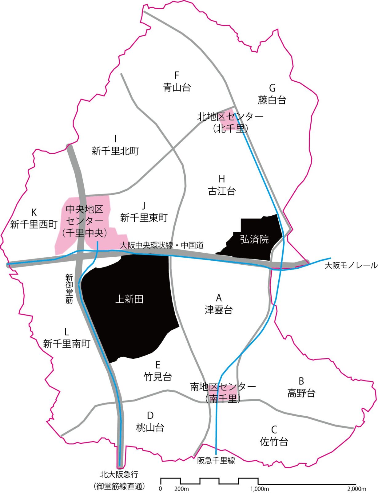 吹田市と豊中市にまたがる千里ニュータウンの概略地図