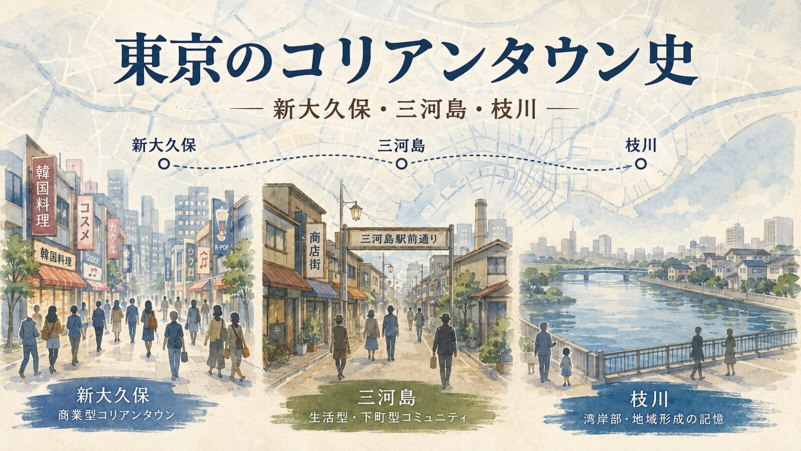 新大久保・三河島・枝川の違いを示した東京のコリアンタウン史のアイキャッチ図