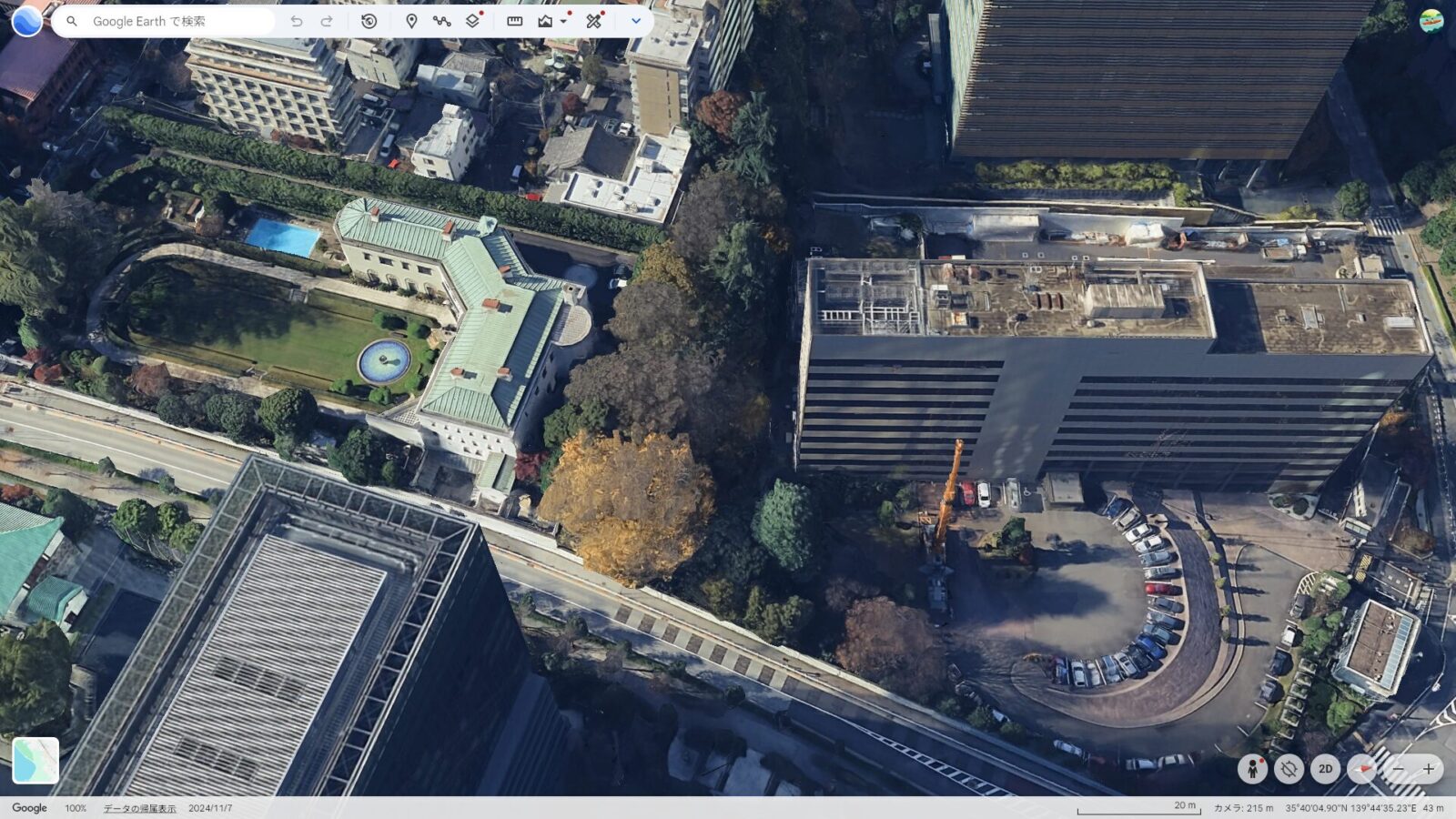 Google Earthで見た東京・赤坂の駐日アメリカ大使館敷地