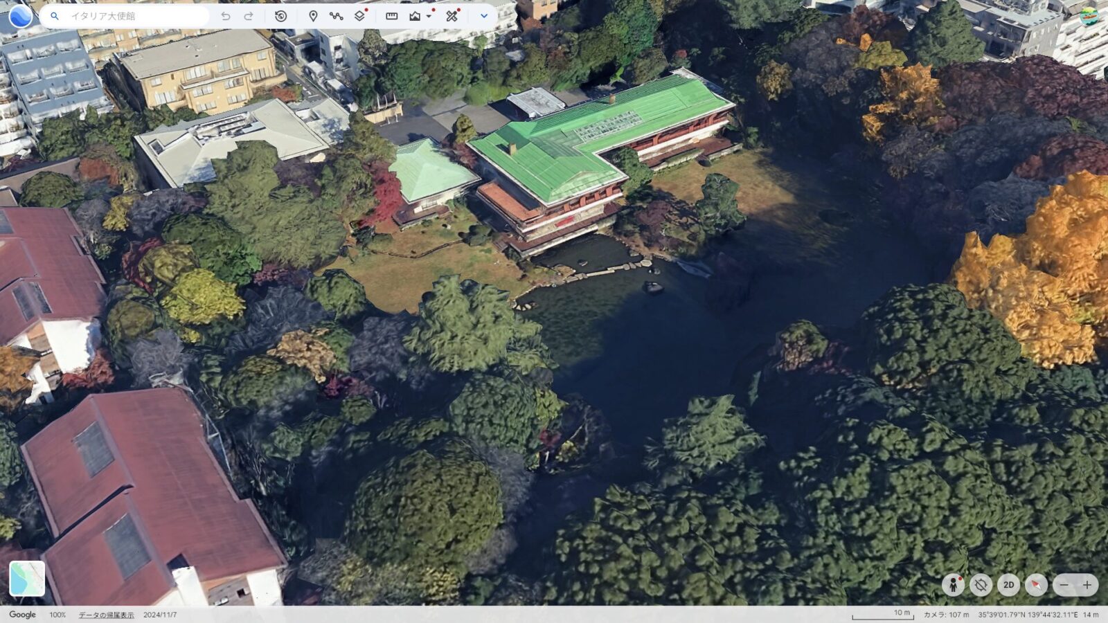 Google Earthで見た東京・三田のイタリア大使館敷地