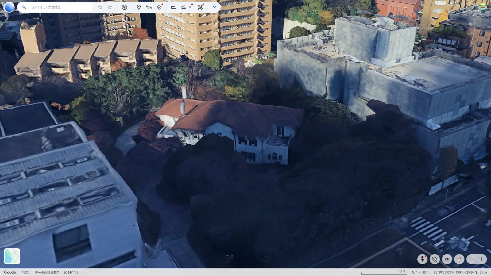 Google Earthで見た東京・六本木のスペイン大使館敷地