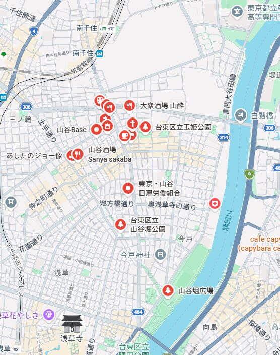 Googleマップで山谷を検索した結果。南千住駅、泪橋周辺、日本堤・清川・東浅草周辺の位置関係