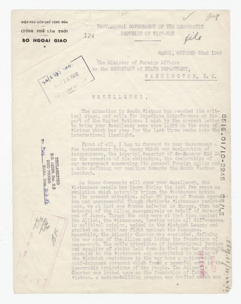 1945年10月22日、ホー・チ・ミンがバーンズ米国務長官へ送った書簡の第1ページ