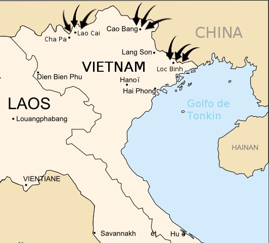 1979年中越戦争における中国軍の主要進攻方向を示す概略図