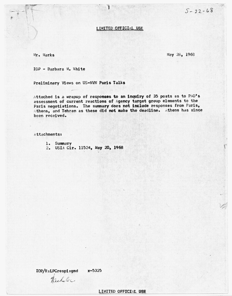 1968年の米国・北ベトナム間パリ協議に関する米政府文書