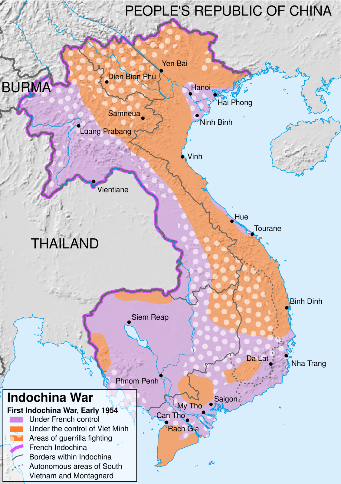 1954年の第一次インドシナ戦争の主要地域と勢力状況を示す地図