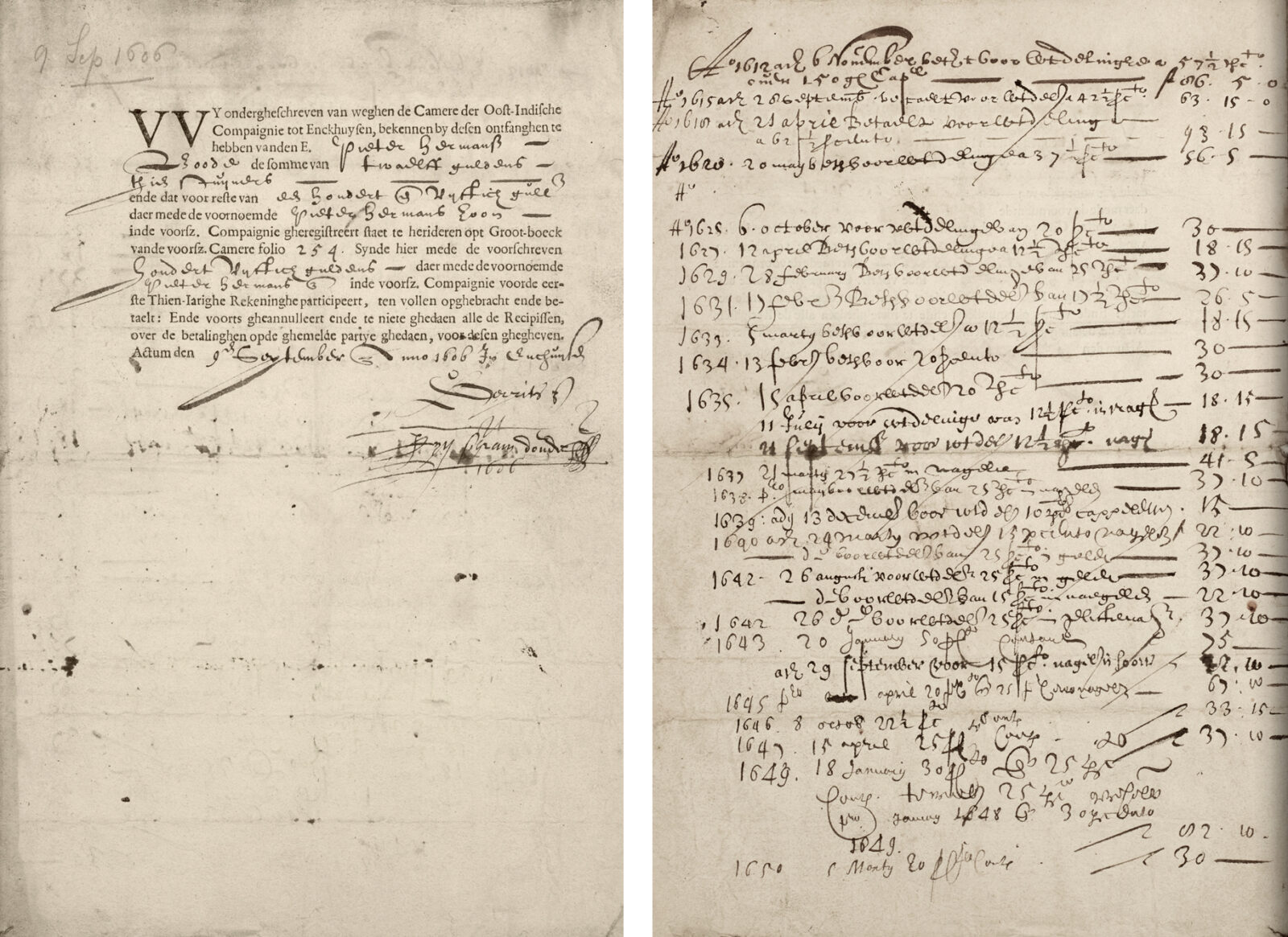 1606年にオランダ東インド会社が発行した株式証書