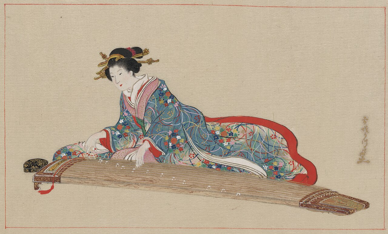 1878年に長谷川雪堤が描いた箏を演奏する日本女性