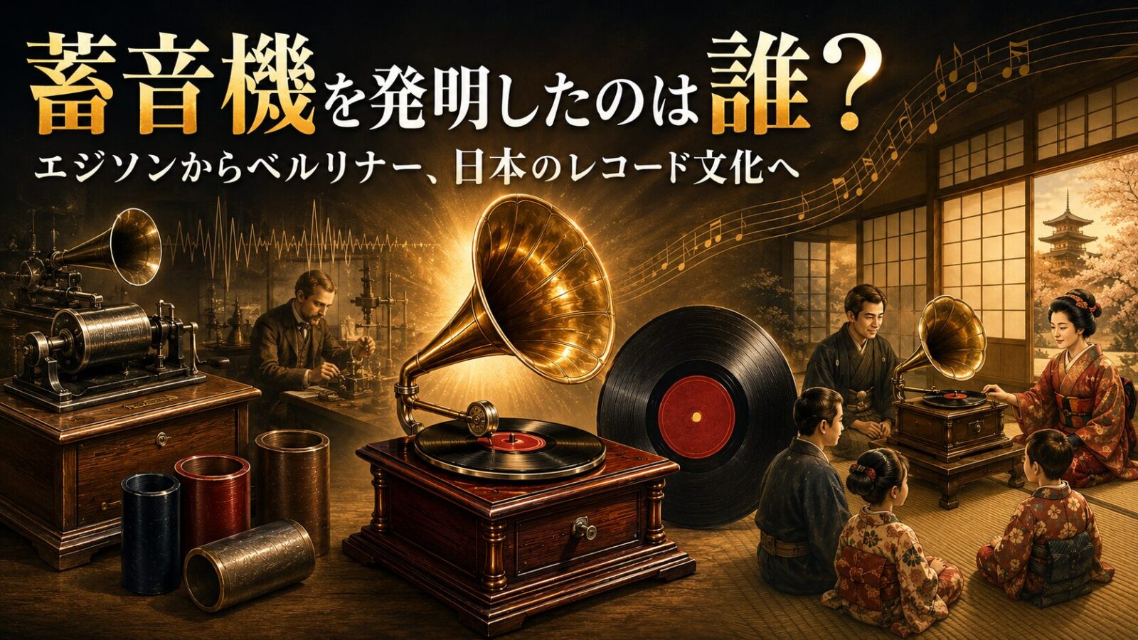 蓄音機の発明者と円筒式から円盤式、日本のレコード文化への発展を描いたイラスト