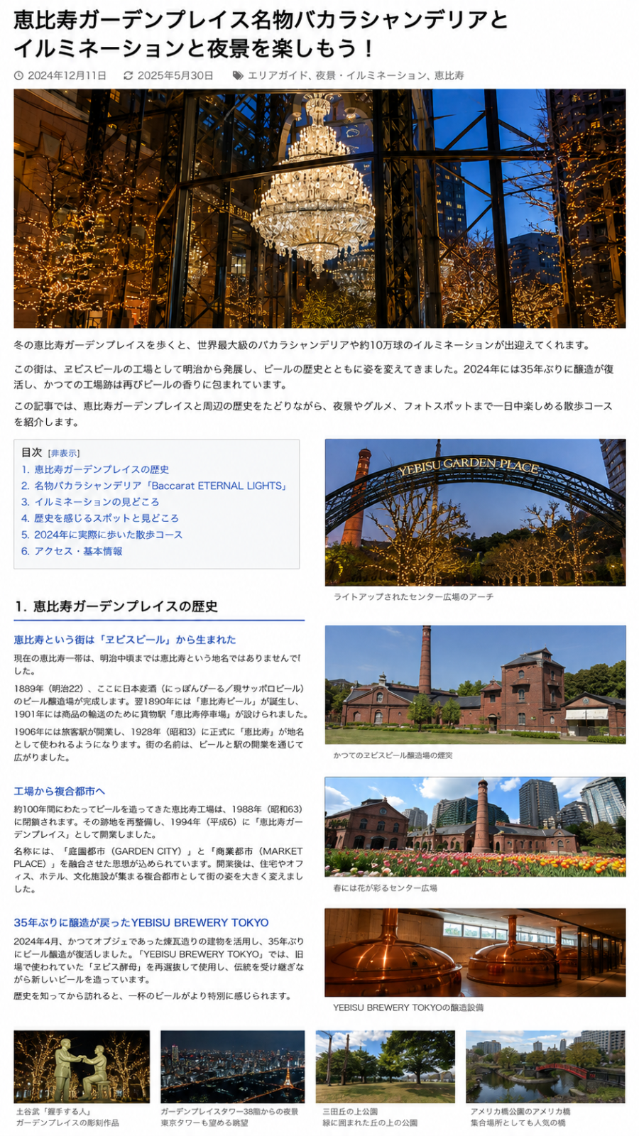 恵比寿ガーデンプレイスの夜散歩とYEBISU BREWERY TOKYOをまとめたAI生成イメージ