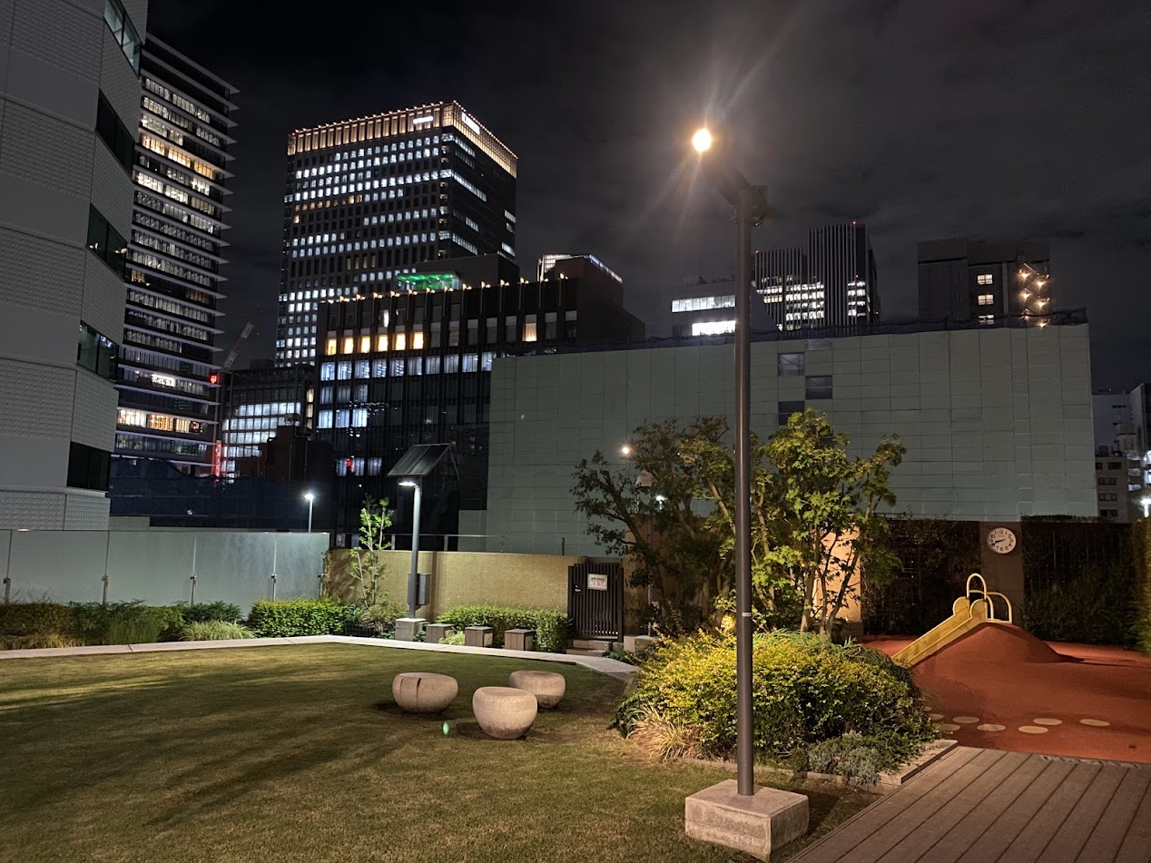 夜の水谷橋公園と銀座・京橋の高層ビル群