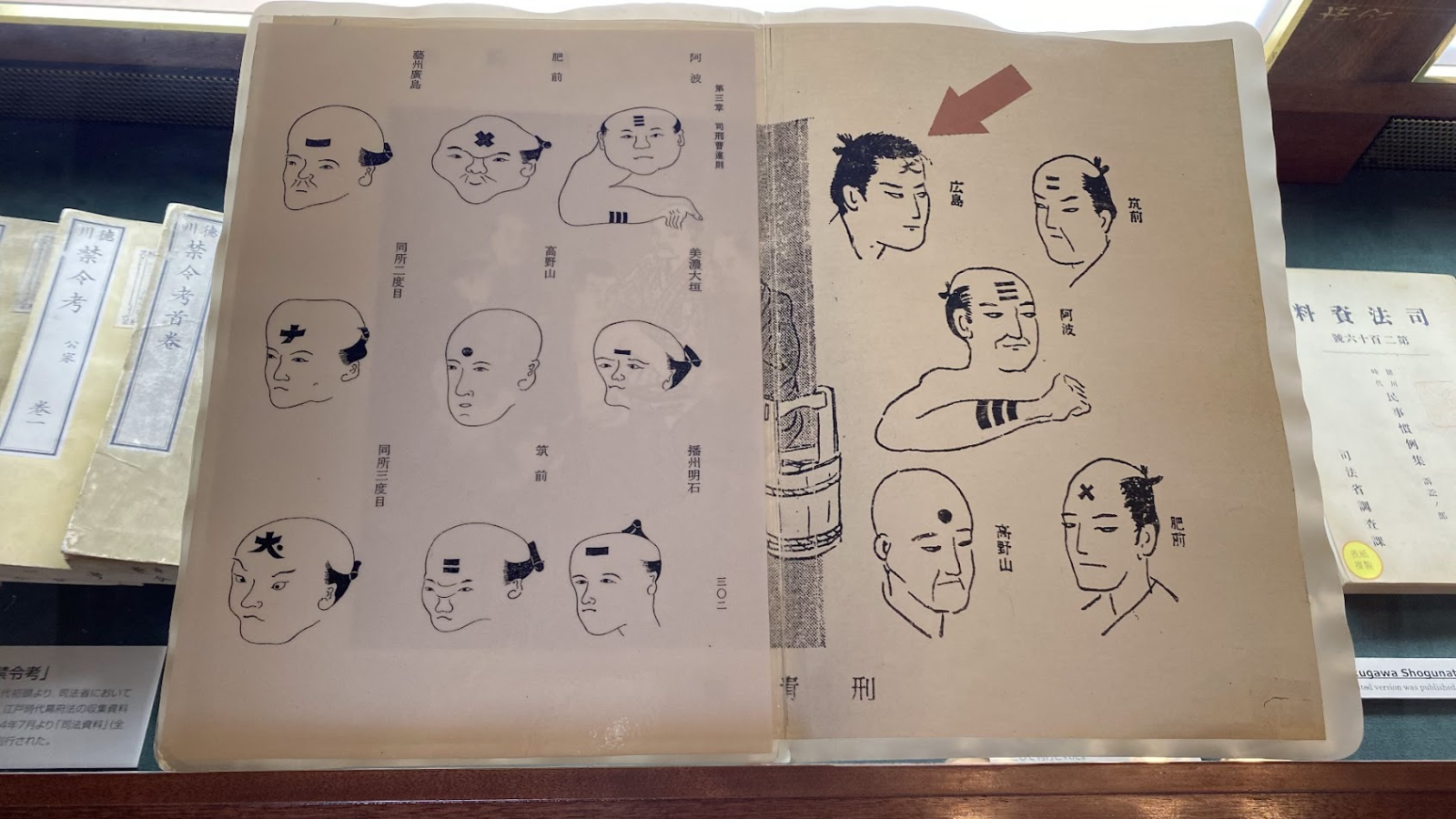 江戸時代の入れ墨刑を示す顔の図がある法務史料展示