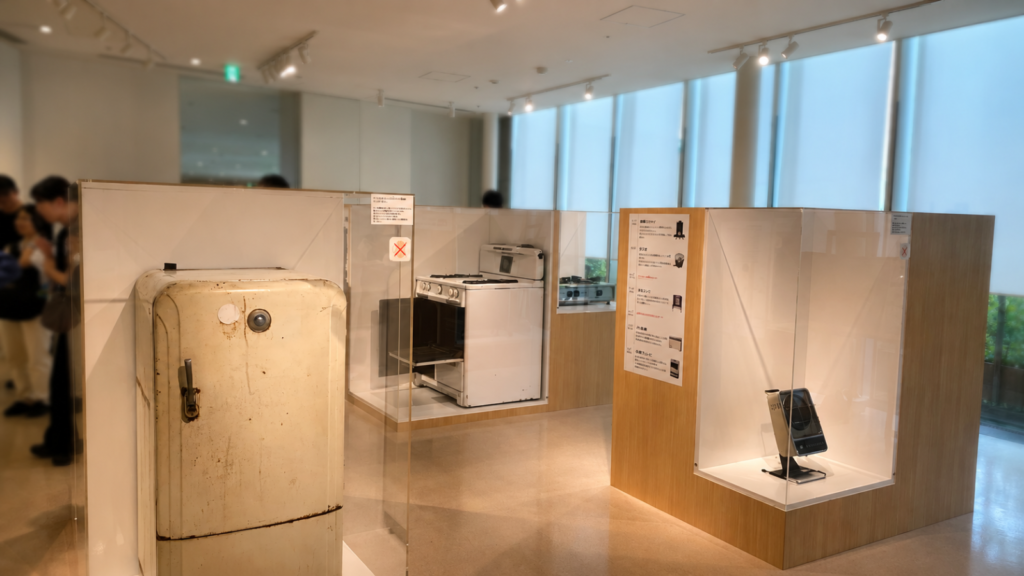がすてなーに歴史ギャラリーの昔の冷蔵庫やガス器具の展示