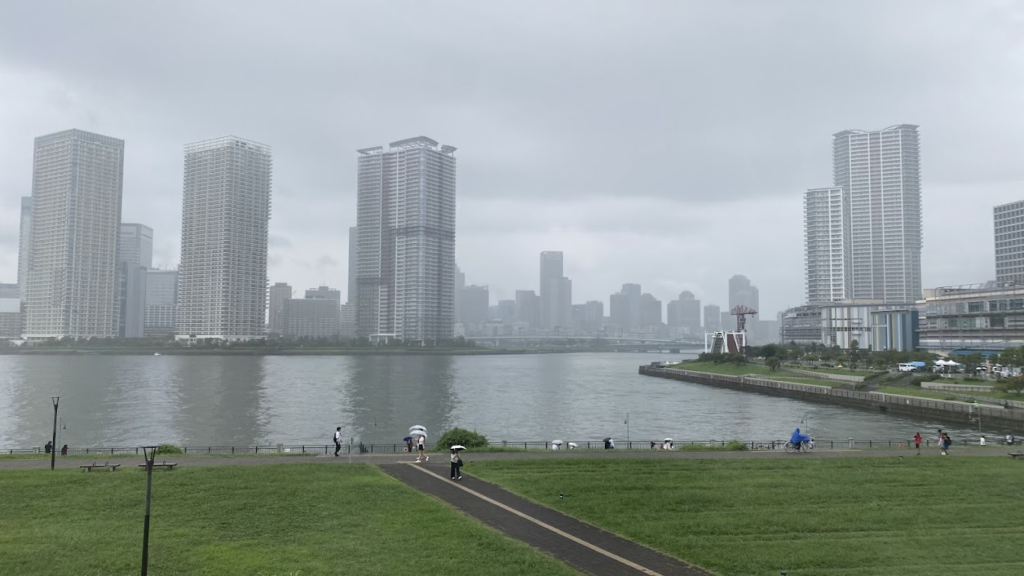 がすてなーに屋上芝生広場から望む豊洲の運河と高層ビル