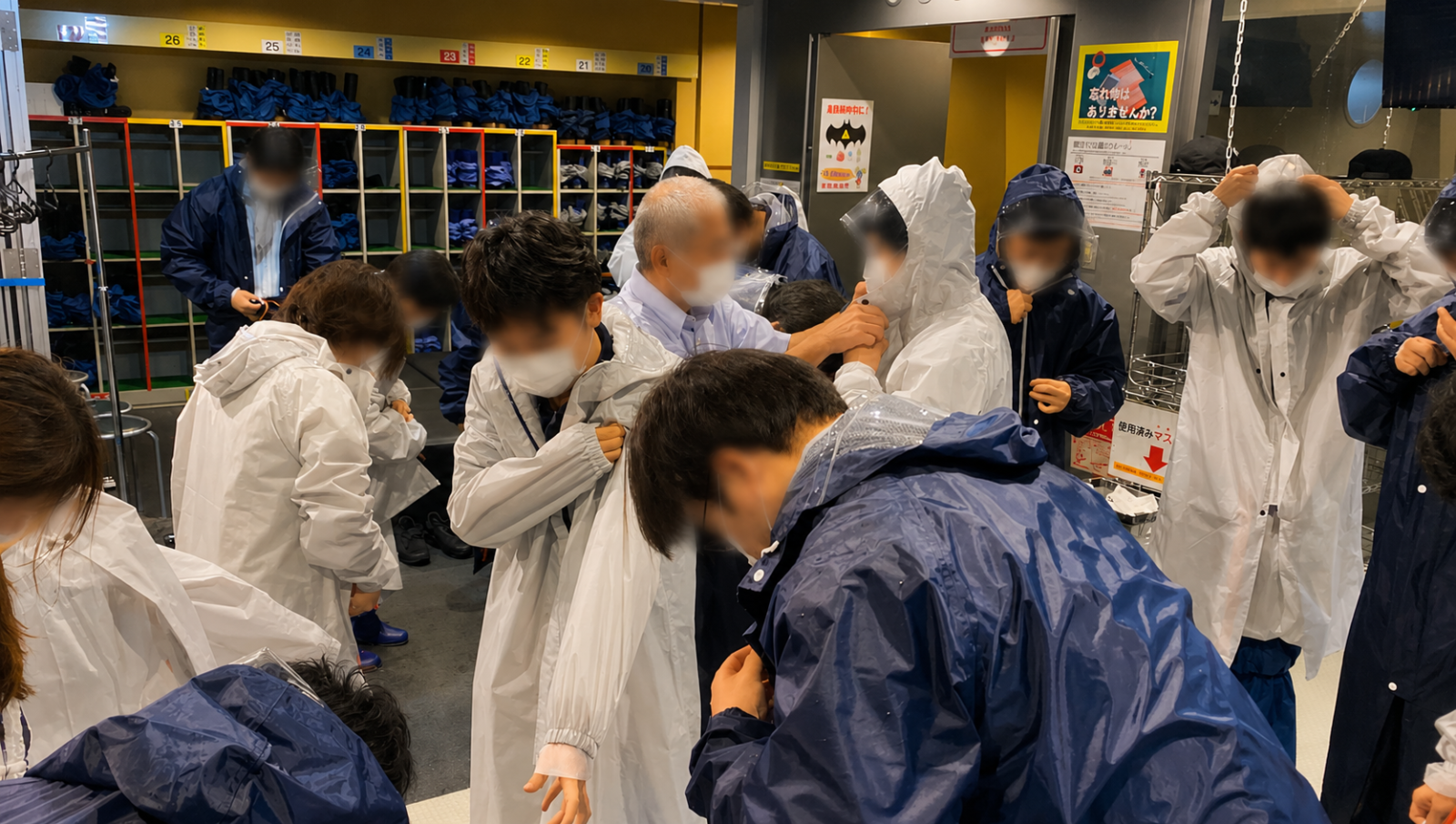 本所防災館の暴風雨体験前にレインウェアへ着替える参加者