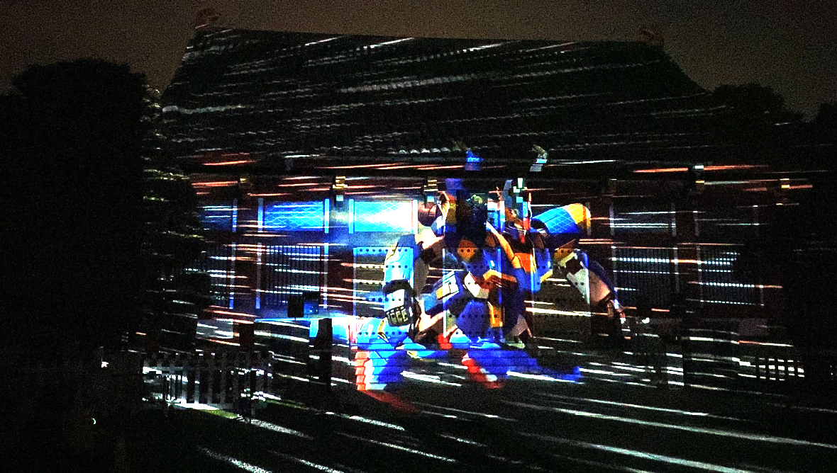 宝仙寺本堂に投影されたプロジェクションマッピング2026宇宙のロボット映像