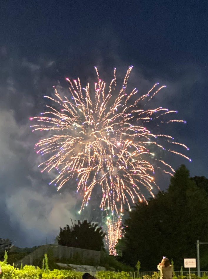 2026年神宮外苑花火大会の花火を明治公園デッキから鑑賞した様子