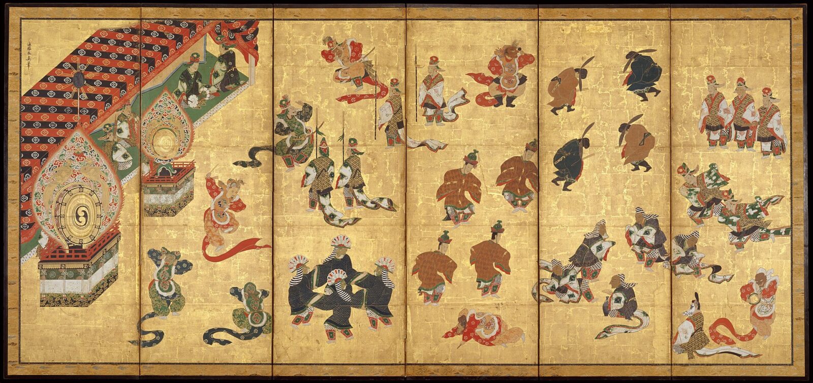 江戸時代の絵師狩野安信が描いた色鮮やかな舞楽の舞人