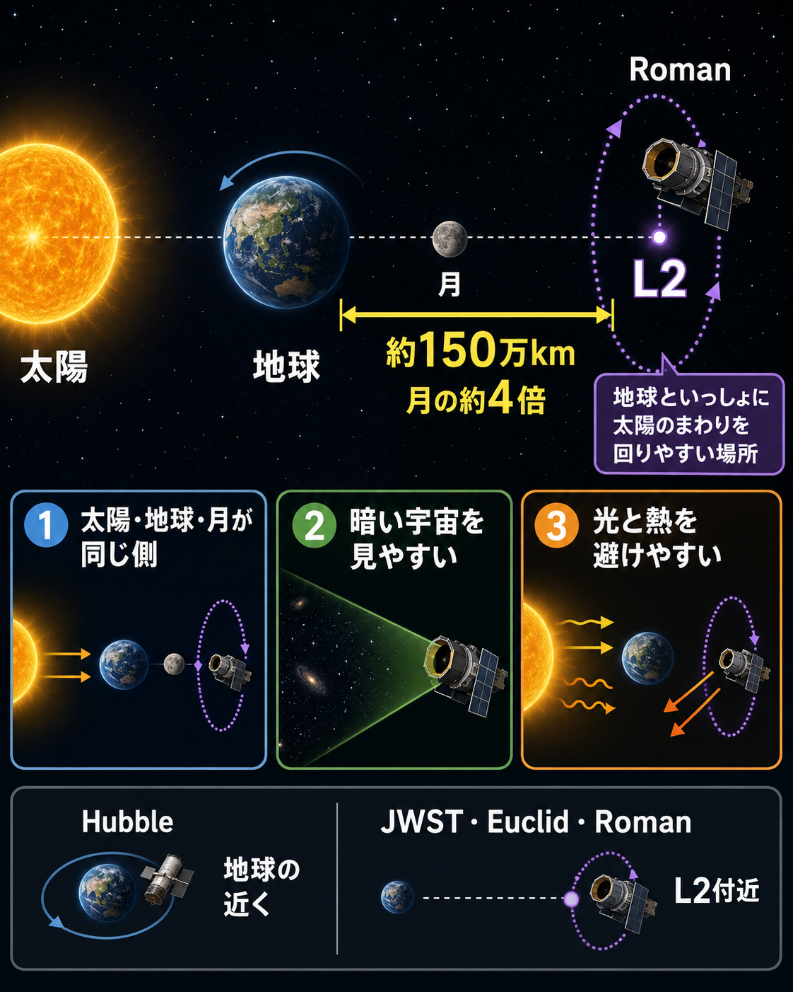 太陽・地球・月とSun-Earth L2付近を示すRoman宇宙望遠鏡の位置関係図