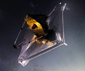 宇宙空間で展開したJames Webb Space Telescope（JWST）の外観