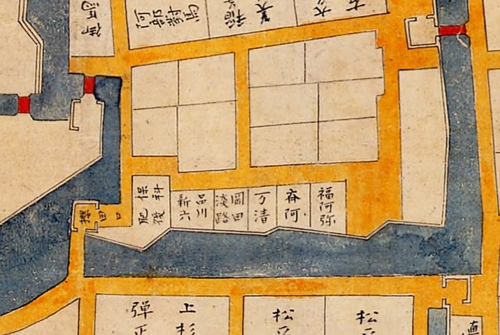 正保年中江戸絵図の西の丸下と現在の二重橋周辺。西丸大手門、西丸下乗門、馬場先門、外桜田門、保科肥後の屋敷などが描かれている