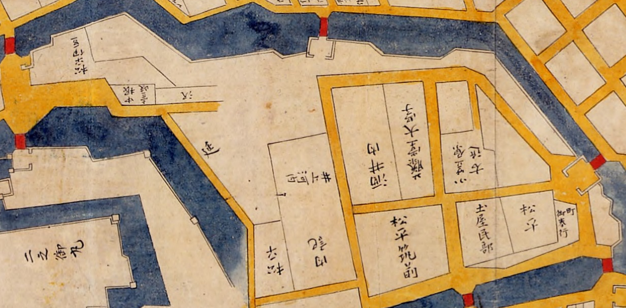 正保年中江戸絵図の大手門北側・現在の大手町周辺。松平伊豆、井上河内、中根壱岐、土屋民部などの屋敷が描かれている