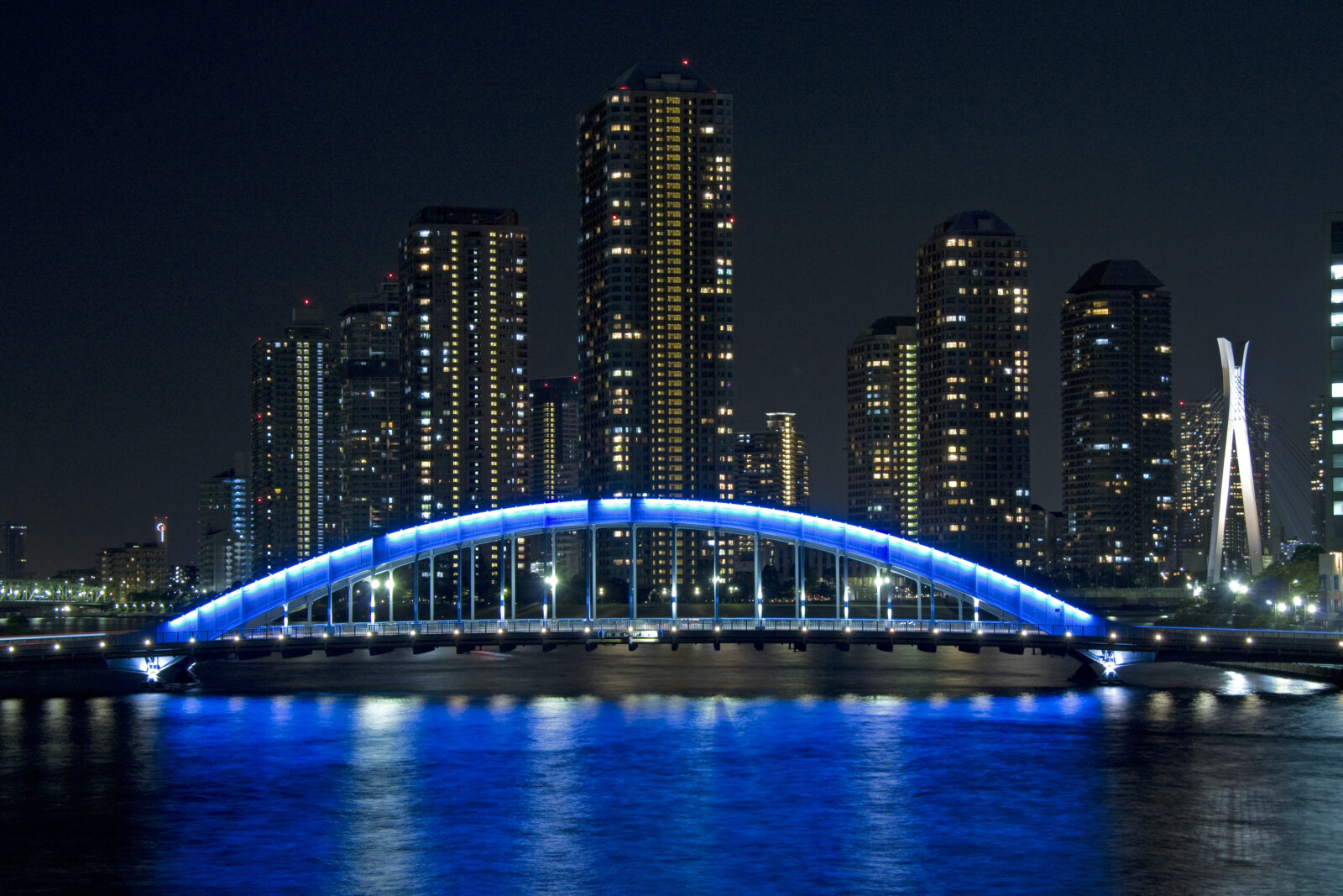 青くライトアップされた永代橋と隅田川の夜景